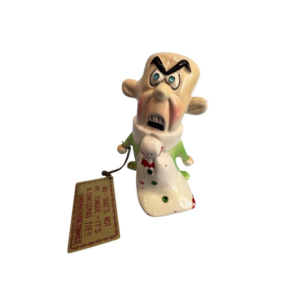 Rare Kreiss Psycho Ceramics Xmas Figurine w/ Sign Christmas Tie 1960s Japan 5" - Picture 2 of 5